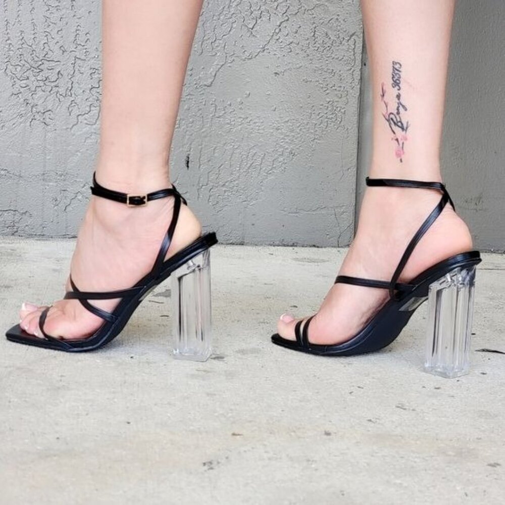 Black Square Toe Clear Block High Heel Sandals Women Buckle Strap